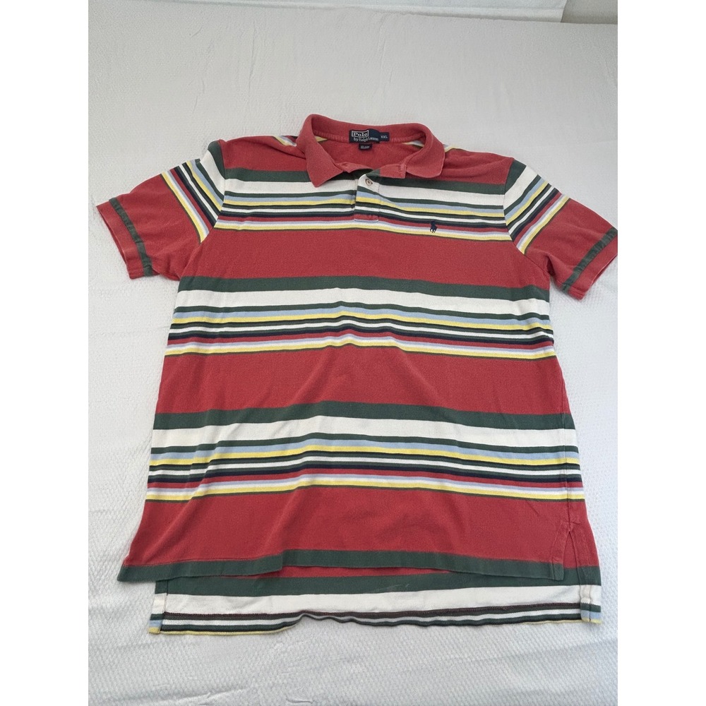 Polo Ralph Lauren Mens XXL Red Multi Color Striped Cotton Mesh Polo Shirt